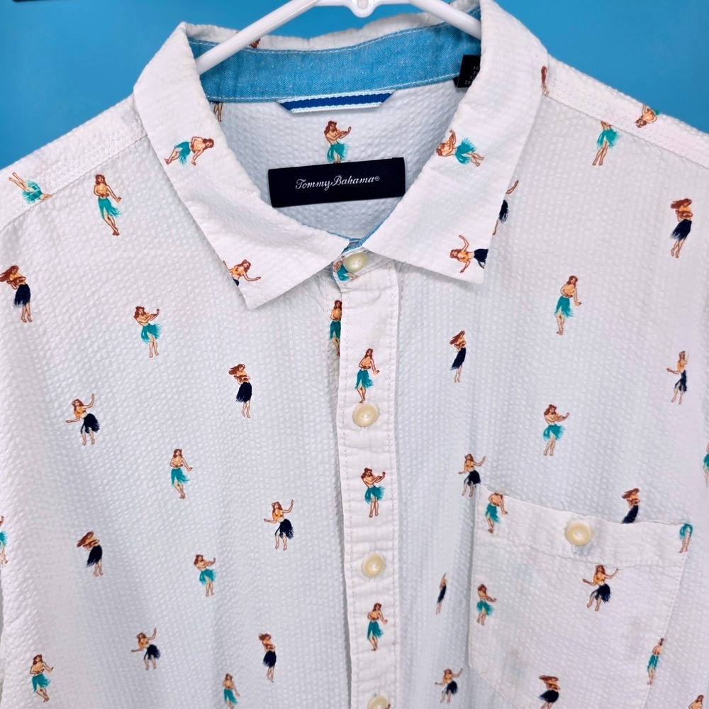 Tommy Bahama Mens XL Hula Girl Print Button Down Shirt White Cotton Tencel Blend